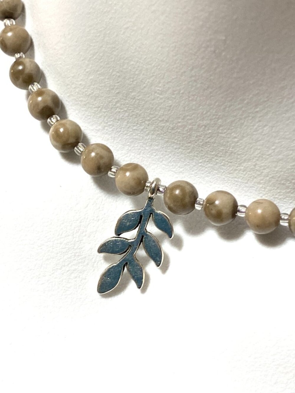 Light Brown Agate Short Necklace, Gemstone & Silver Leaf Branch Pendant